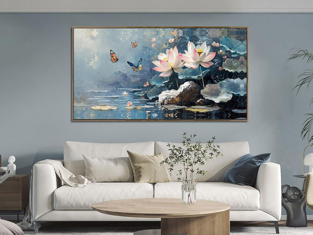 Elegant Floral Lotus Canvas Wall Art 40x20 Framed Canvas.
