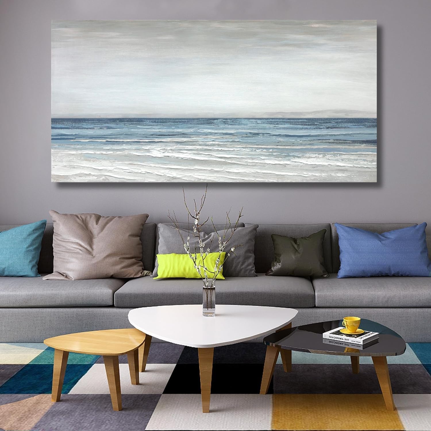 Blue White Textured Abstract Canvas Artwork 20x40 Inches.