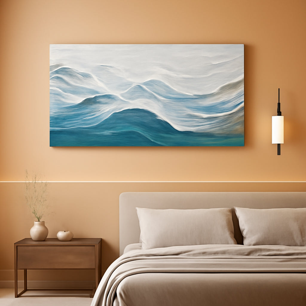 Blue White Ocean Abstract Canvas Artwork 20x40 Inches.