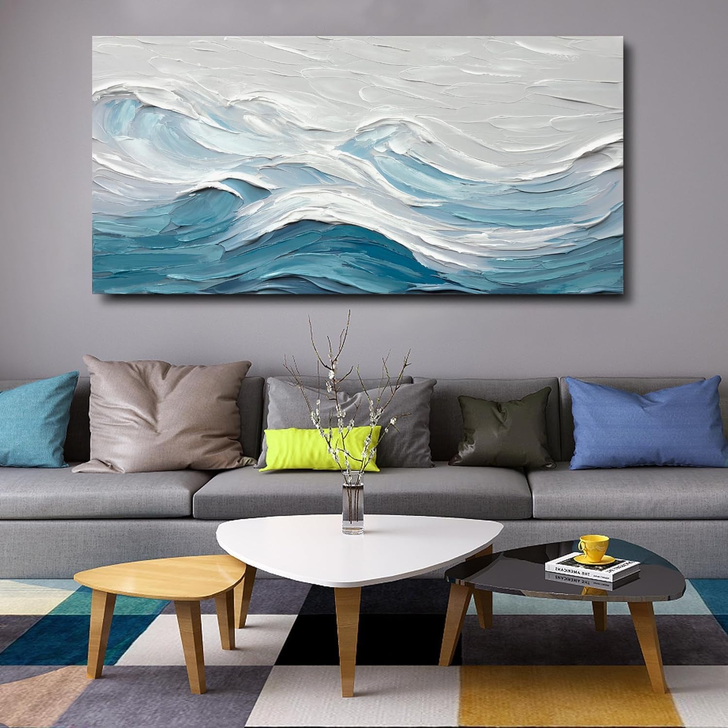 Blue White Ocean Abstract Canvas Artwork 20x40 Inches.