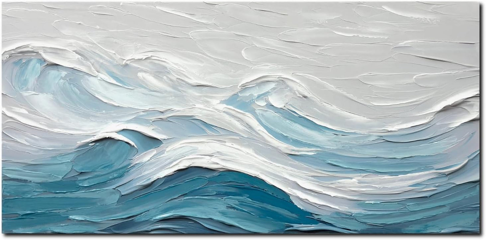 Blue White Ocean Abstract Canvas Artwork 20x40 Inches.