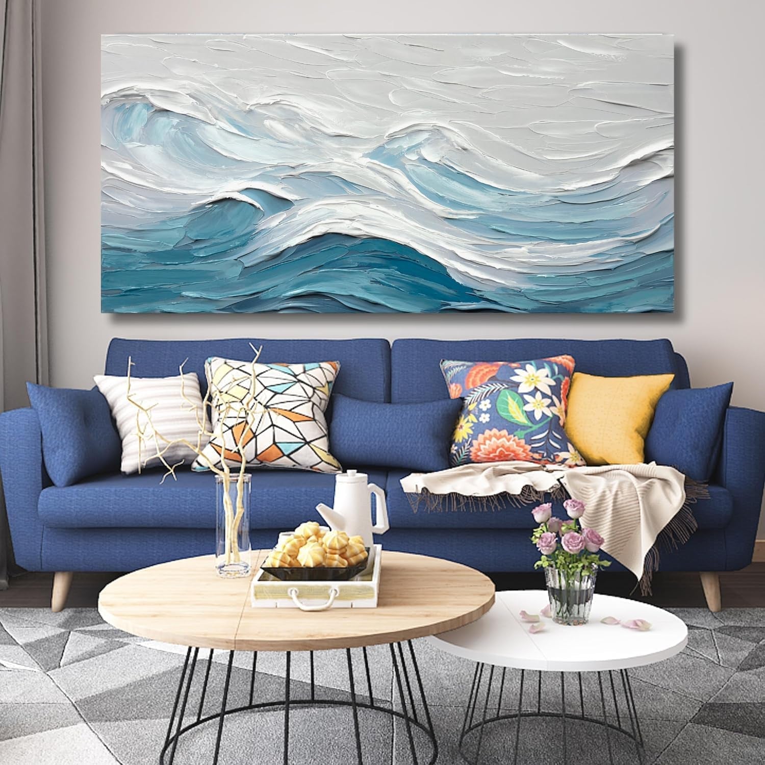 Blue White Ocean Abstract Canvas Artwork 20x40 Inches.