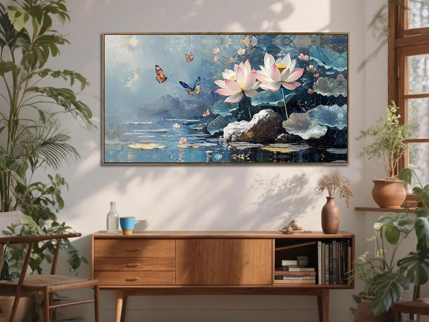 Elegant Floral Lotus Canvas Wall Art 40x20 Framed Canvas.